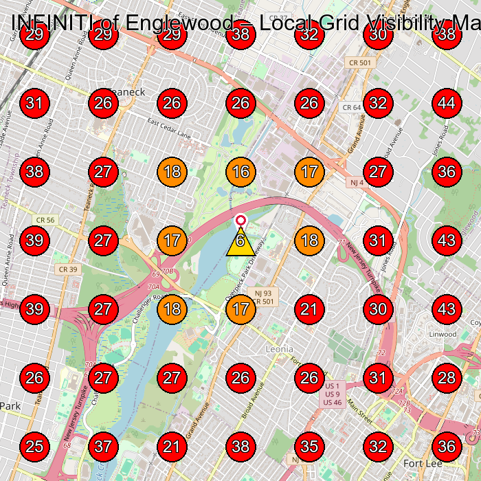 INFINITI of Englewood GeoGrid visibility map for Used Car Dealer in Fort Lee